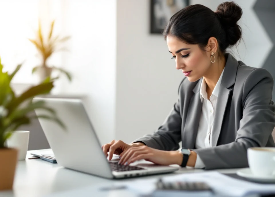 A middle-aged woman with dark hair tied in a bun, dressed in business casual attire, sits at a desk in a modern office environment. She is focused on reviewing financial documents on her laptop, with a calculator and coffee cup nearby. The office is organized and well-lit, featuring a neutral background with a potted plant and books on a shelf.