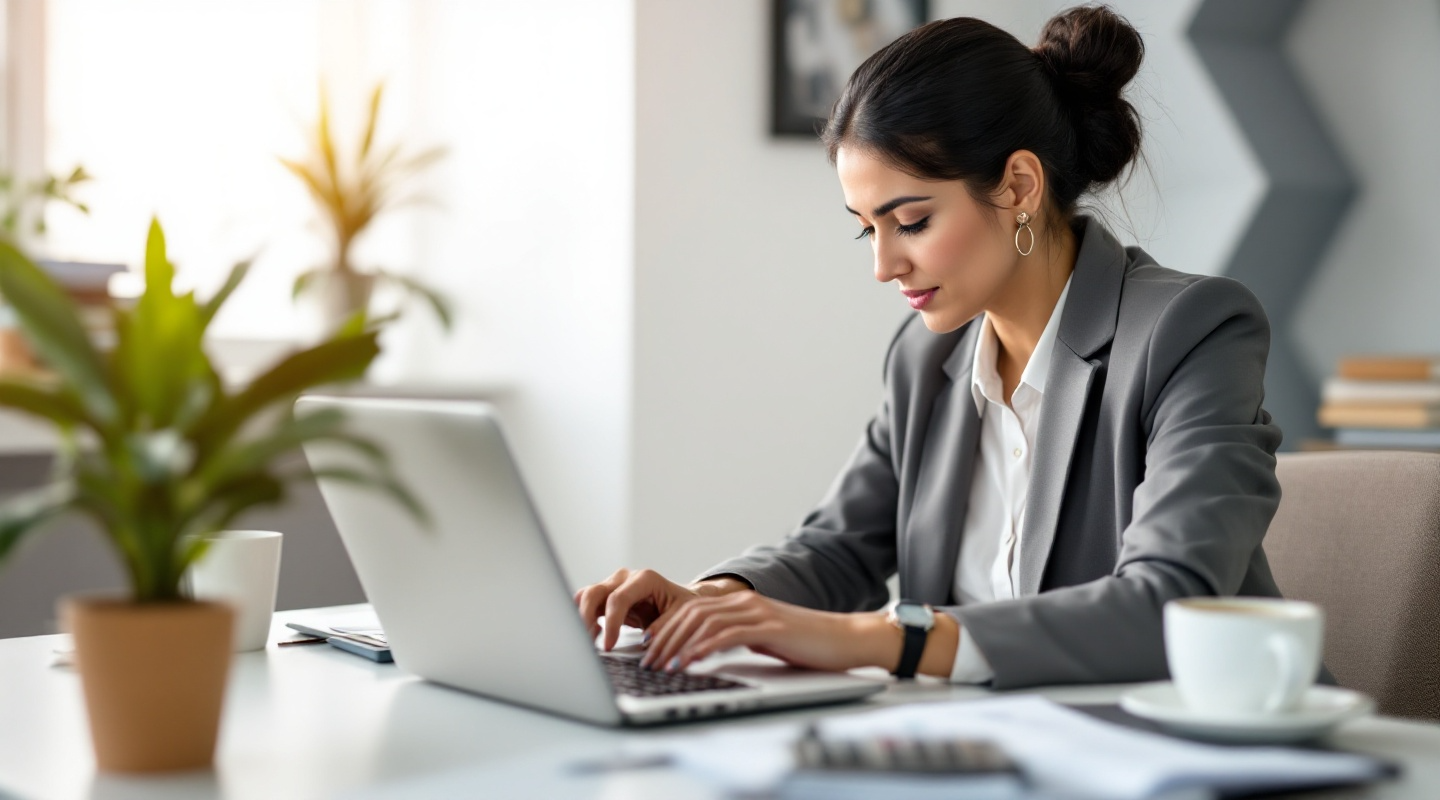 A middle-aged woman with dark hair tied in a bun, dressed in business casual attire, sits at a desk in a modern office environment. She is focused on reviewing financial documents on her laptop, with a calculator and coffee cup nearby. The office is organized and well-lit, featuring a neutral background with a potted plant and books on a shelf.