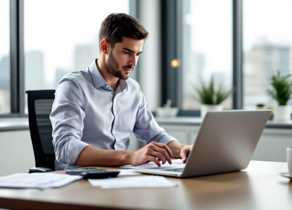 A young man in business casual attire, with short dark hair, sits at a desk in a modern office, reviewing payroll documents on his laptop. He holds a printed payroll report in one hand, with a calculator and coffee mug on the desk. The office is clean and well-lit, with a city view visible through the window in the background