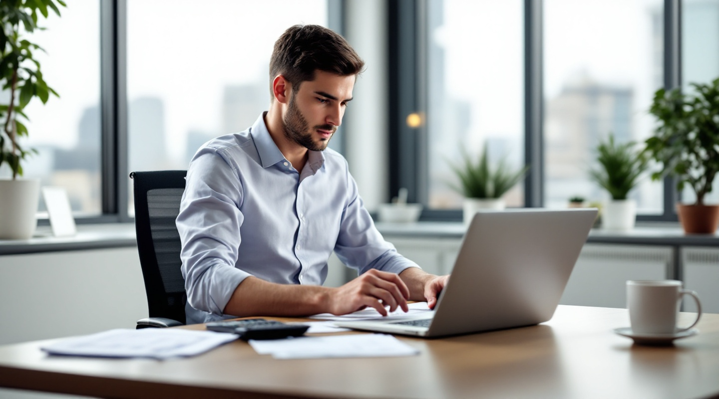 A young man in business casual attire, with short dark hair, sits at a desk in a modern office, reviewing payroll documents on his laptop. He holds a printed payroll report in one hand, with a calculator and coffee mug on the desk. The office is clean and well-lit, with a city view visible through the window in the background