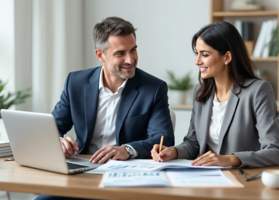 A middle-aged man in a suit and a woman in a blazer sit at a desk in a modern office, collaborating on financial planning. They are reviewing financial documents and a brochure on their laptop, with a clean, organized workspace and a bookshelf in the background.