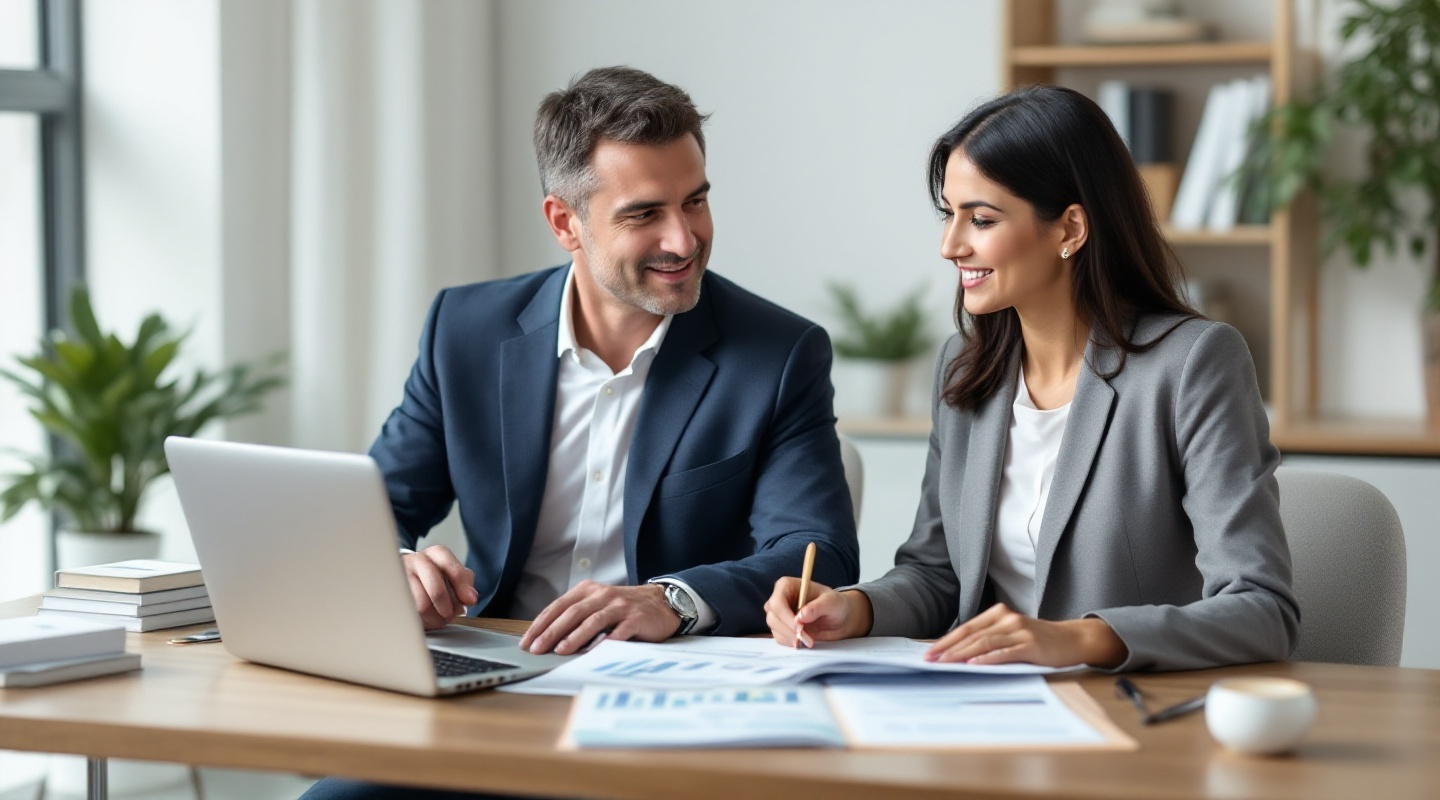 A middle-aged man in a suit and a woman in a blazer sit at a desk in a modern office, collaborating on financial planning. They are reviewing financial documents and a brochure on their laptop, with a clean, organized workspace and a bookshelf in the background.