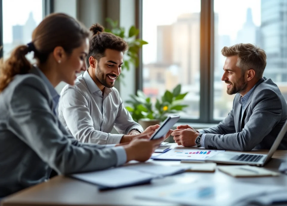 A middle-aged man and a young woman collaborate at a table, reviewing tax planning documents on laptops and a tablet. The office is sleek and modern with a city view in the background