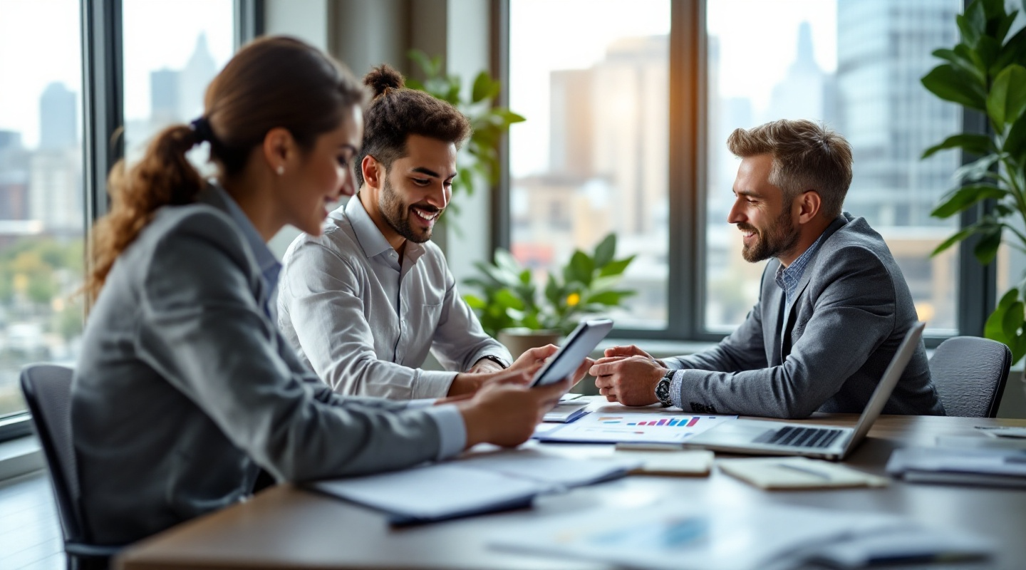 A middle-aged man and a young woman collaborate at a table, reviewing tax planning documents on laptops and a tablet. The office is sleek and modern with a city view in the background