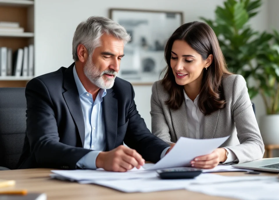 A middle-aged man in a suit and a woman in business casual attire sit at a desk reviewing tax documents. The office is bright and organized with financial books and a plant in the background