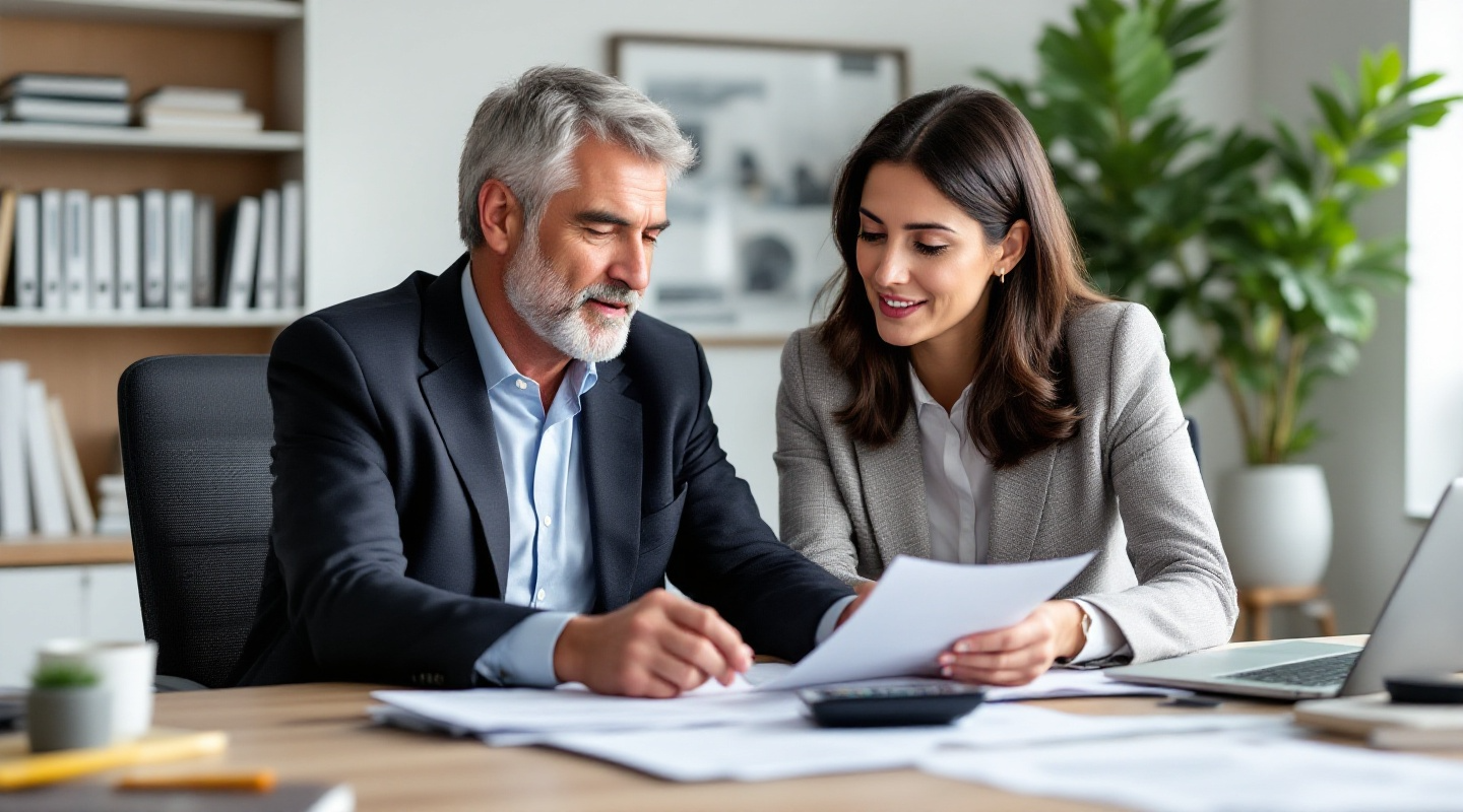A middle-aged man in a suit and a woman in business casual attire sit at a desk reviewing tax documents. The office is bright and organized with financial books and a plant in the background
